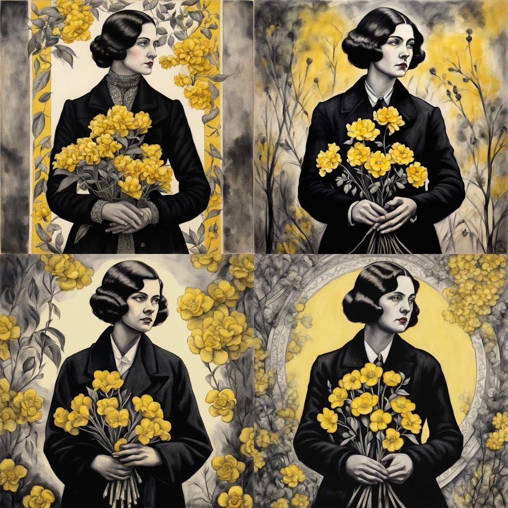 Vintage 1930s Woman with Yellow Flowers in Charcoal Drawing