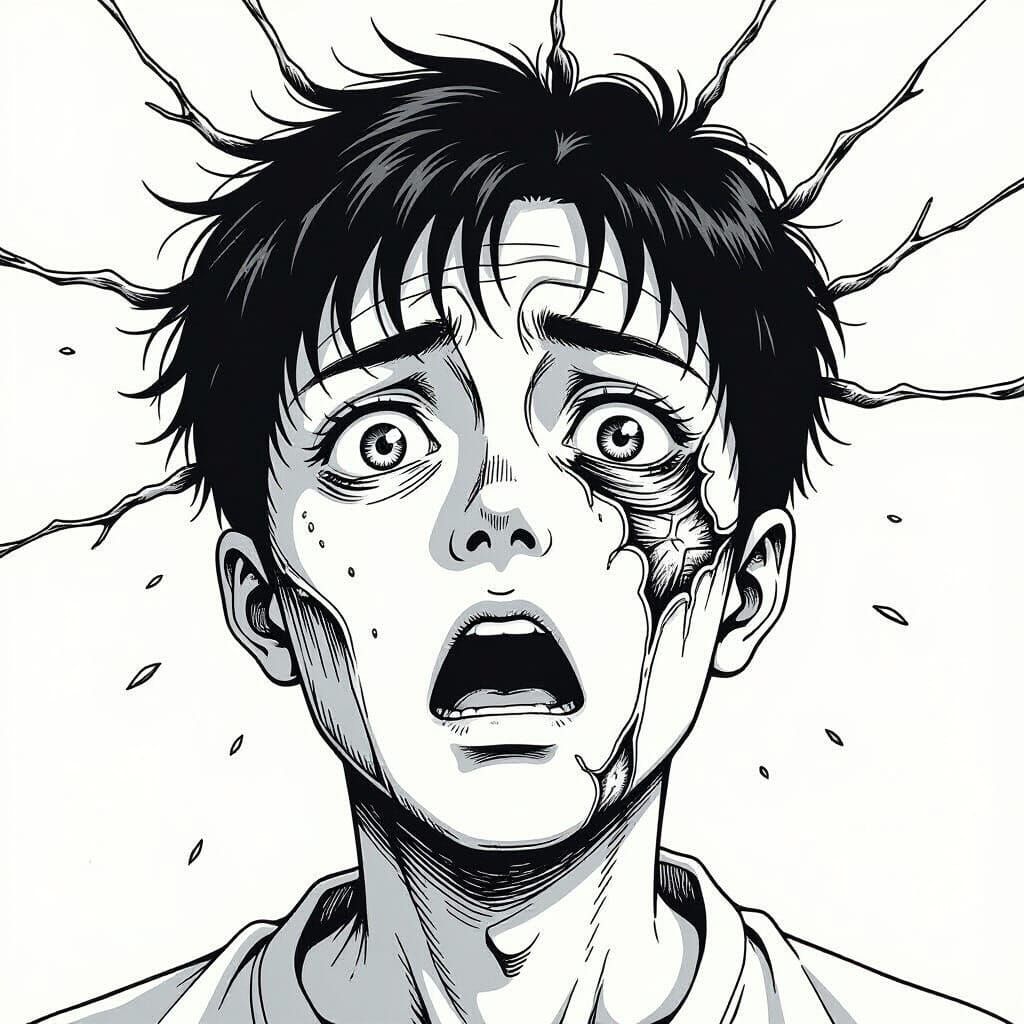 Surreal Horror Portrait With Warping Features in Ink Style