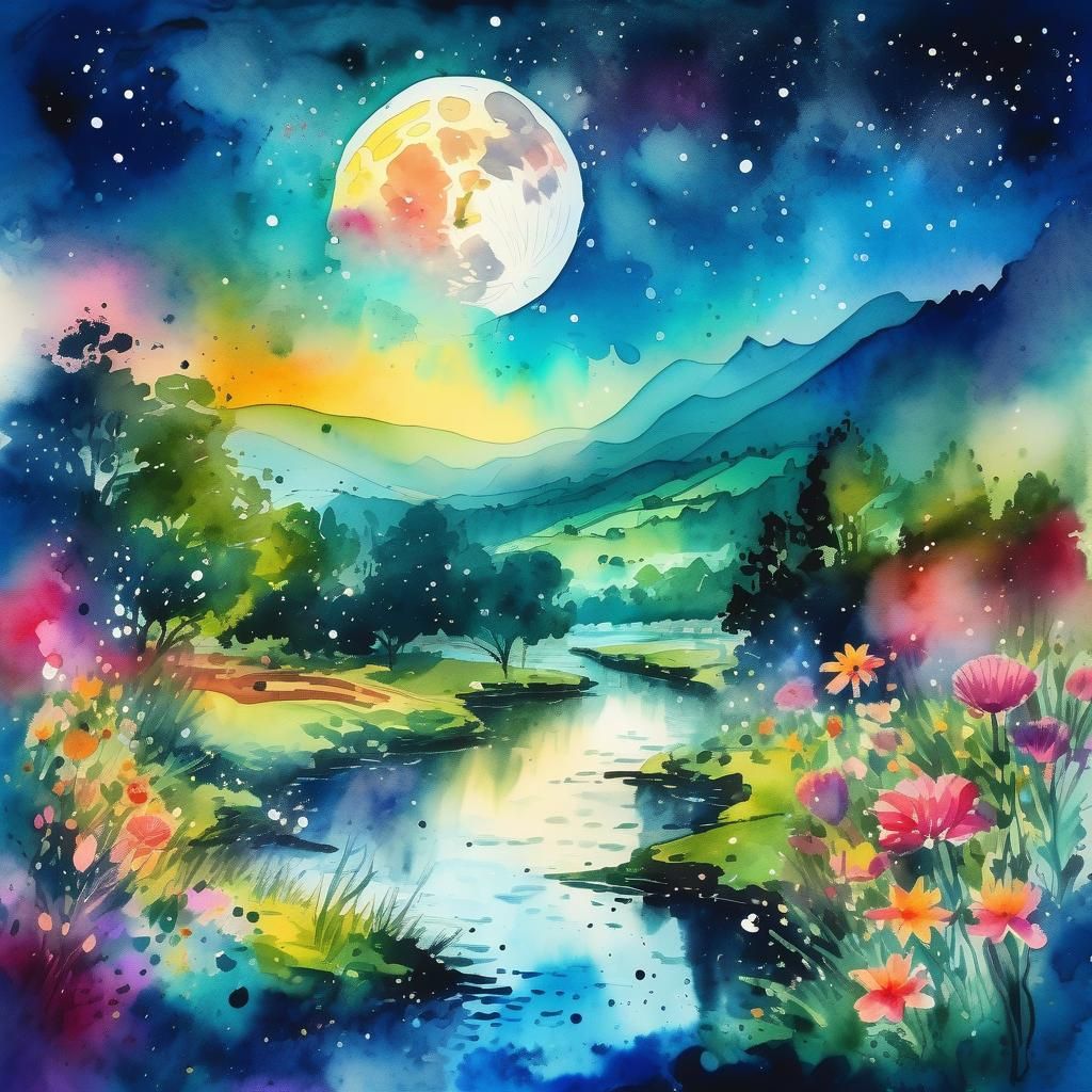 Lush Summer Landscape Under Moonlight, Watercolor and Ink Ar...