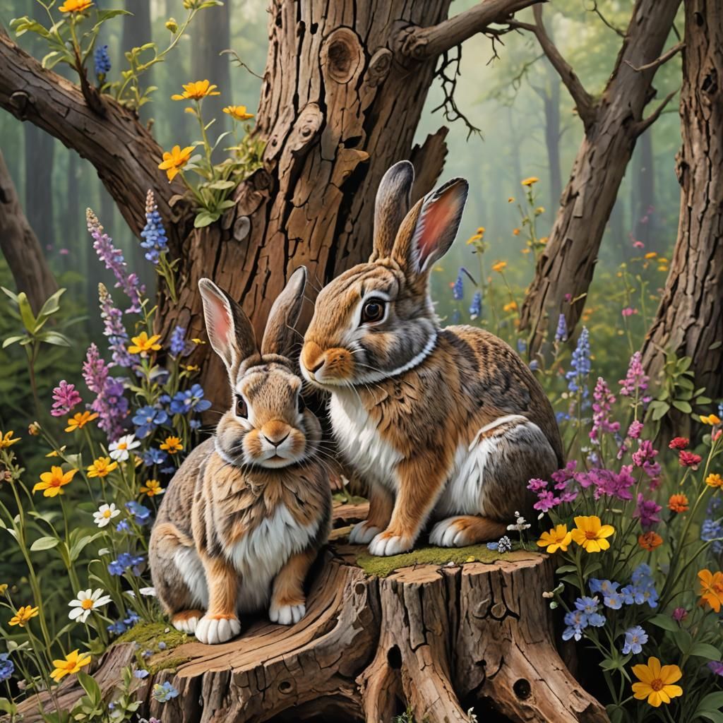 Detailed Felted Bunny Rabbits on Flower-Adorned Stump