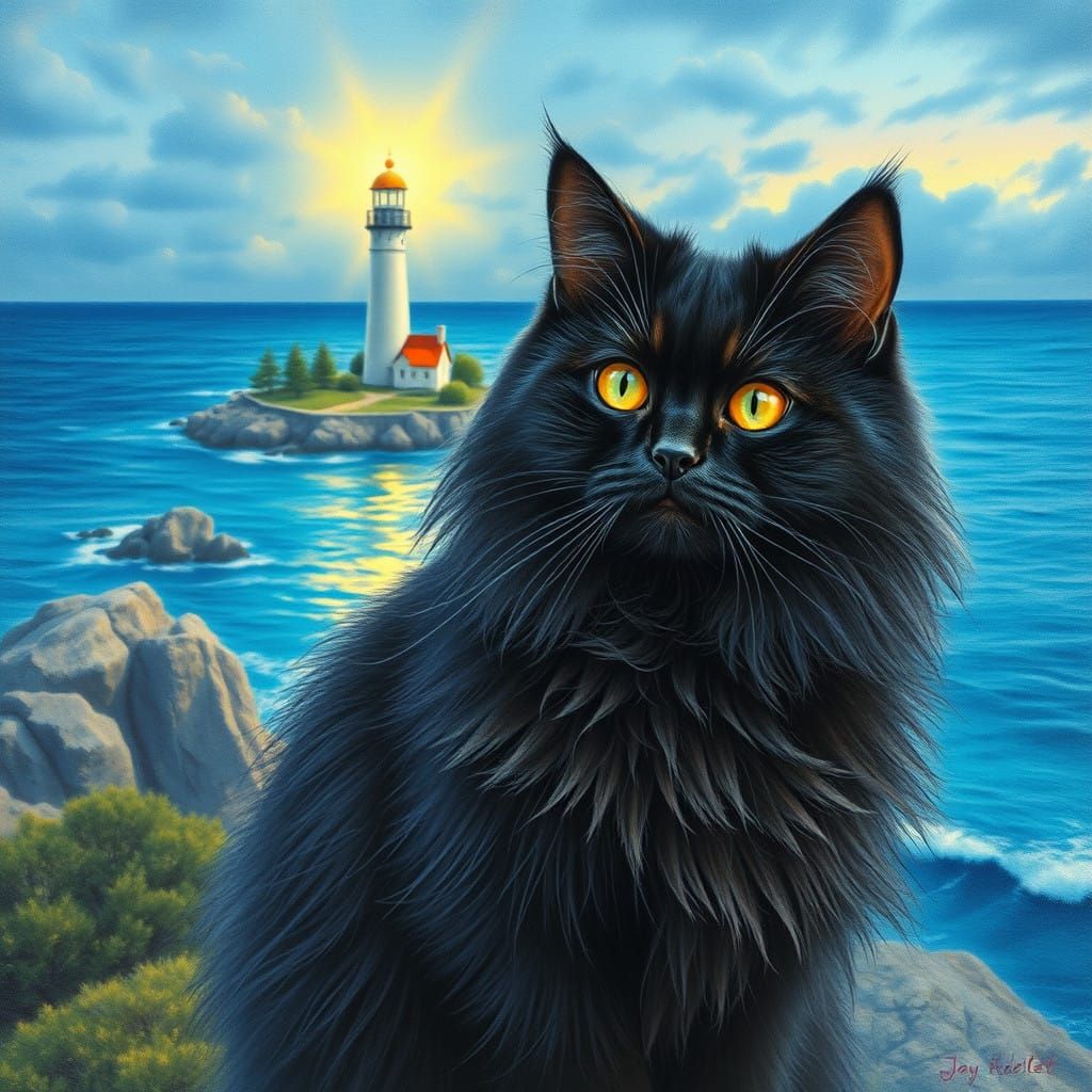 Luminous Coastline Scene with Majestic Black Feline Figure i...
