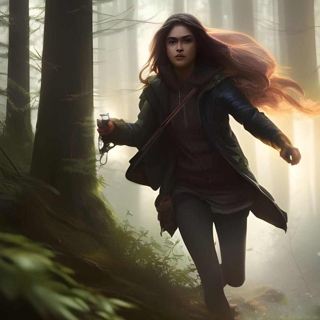 Frightened Girl Runs Through Dark Woods: Digital Art