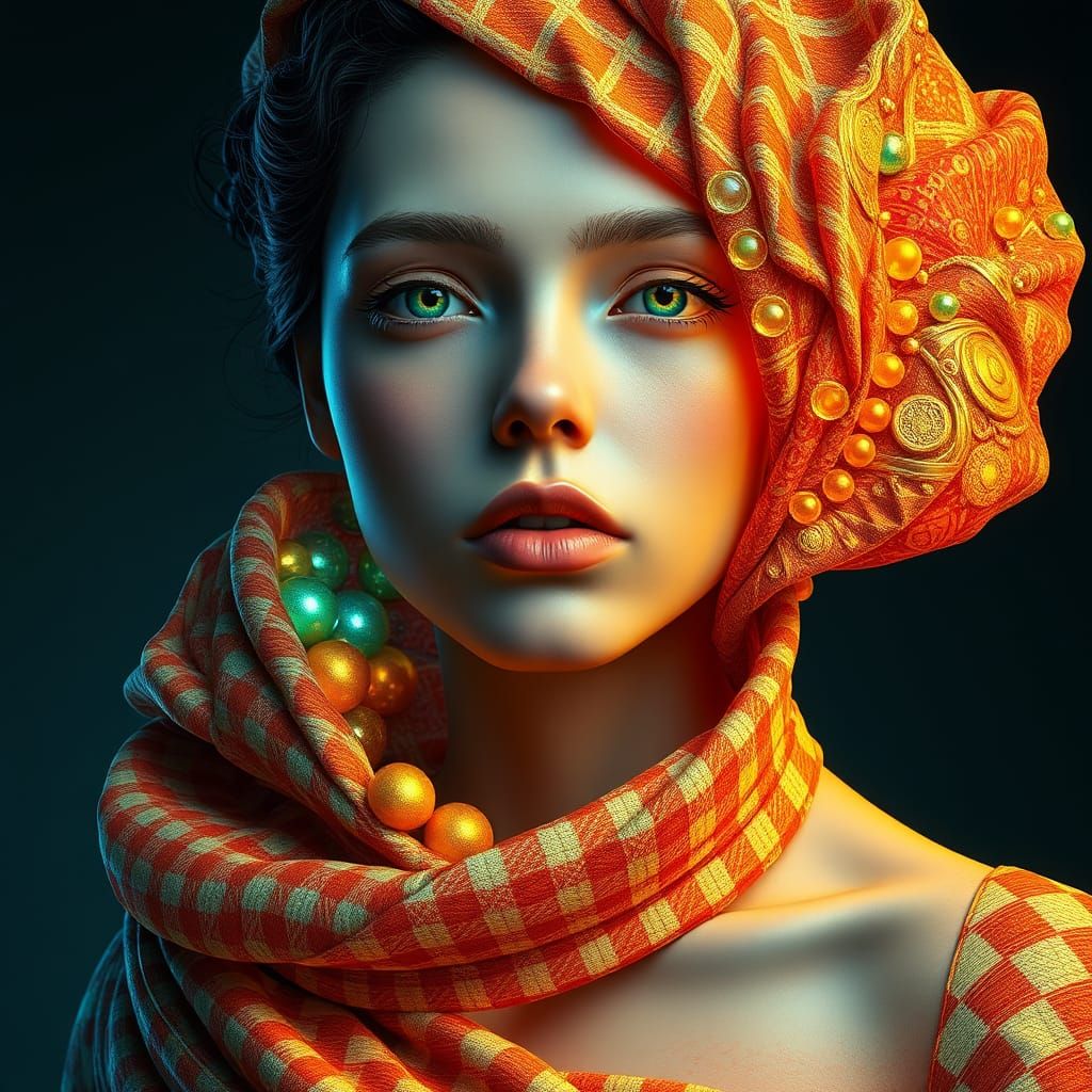 Ethereal Gingham Sculpture Portrait in Art Nouveau Style