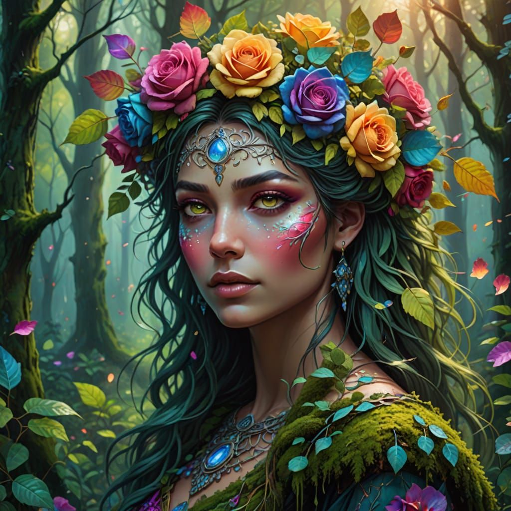Ethereal Goddess of Roses in Vibrant Oil Painting