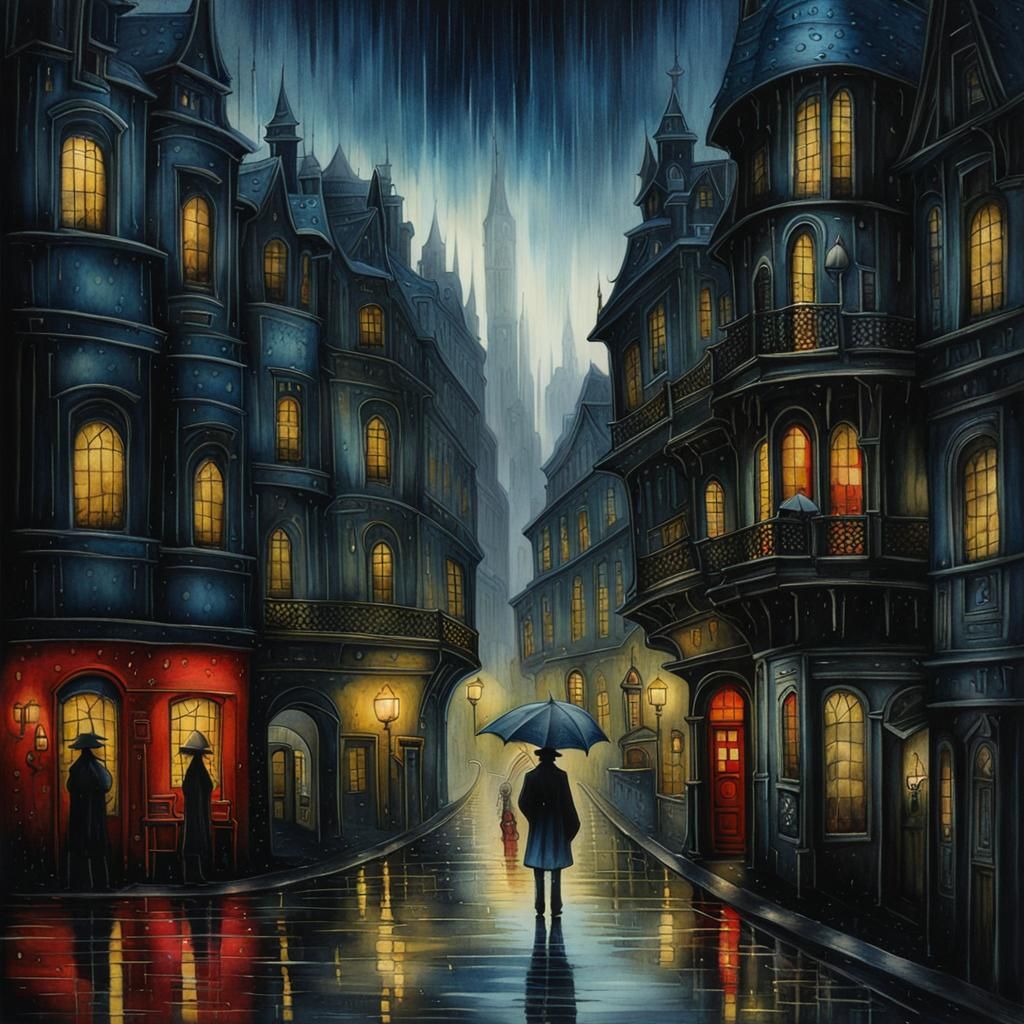 Melancholic Rainy City in Dark Fantasy Style