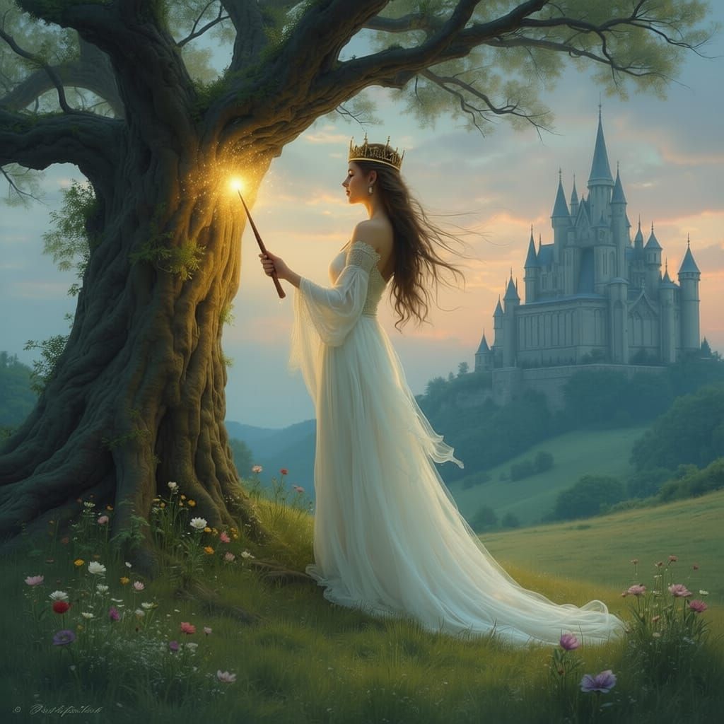 Mysterious Sorceress Casts Spell on Enchanted Tree Near Cast...