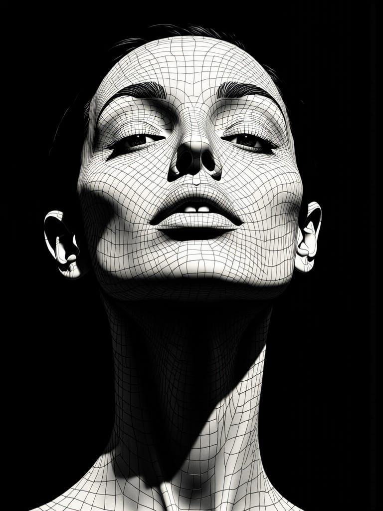 Serene Face in Geometric Line Art with High-Contrast Black a...