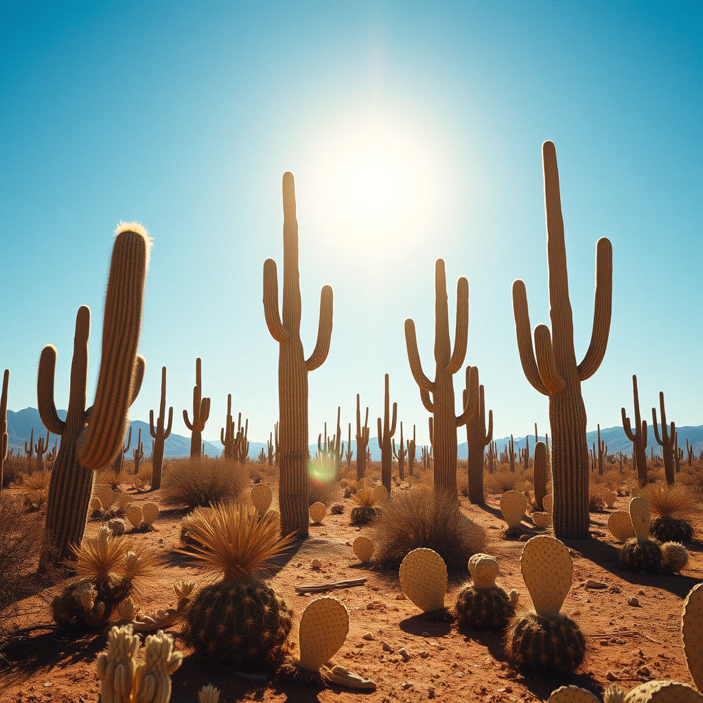 Majestic Cacti in Sun-Scorched Desert Landscape
