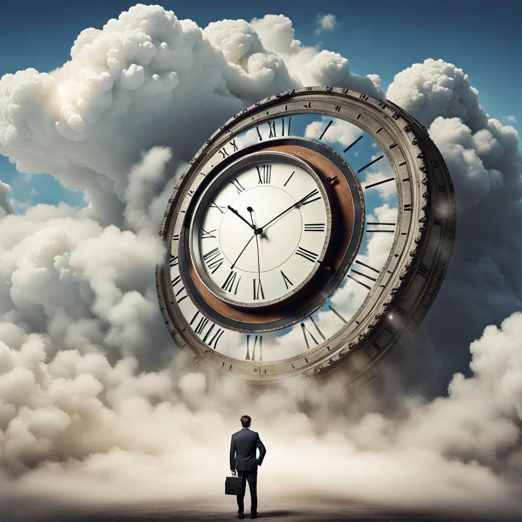 Man in Suit Observes Giant Floating Clock