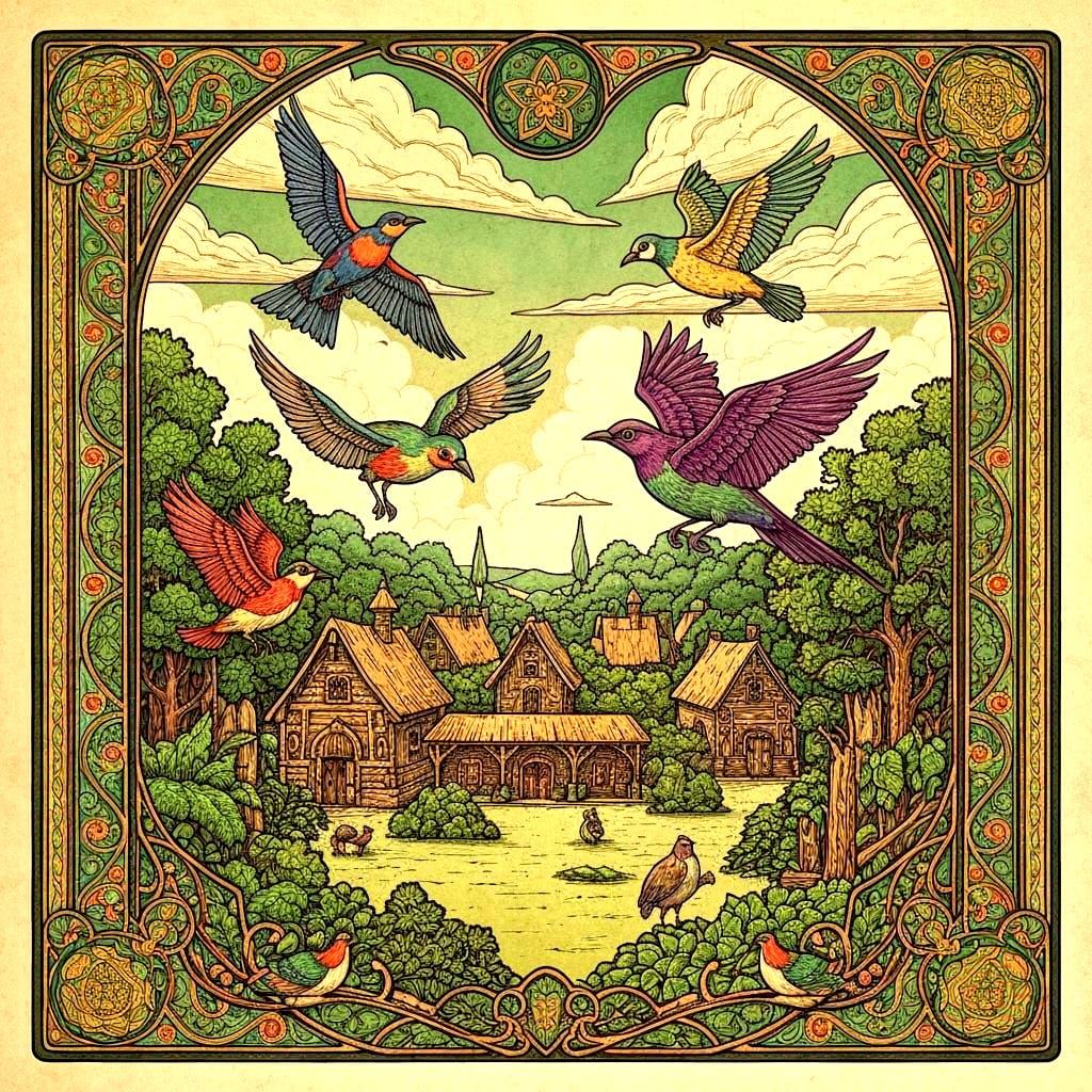Magical Fantasy Village with Exotic Birds in Art Nouveau Sty...