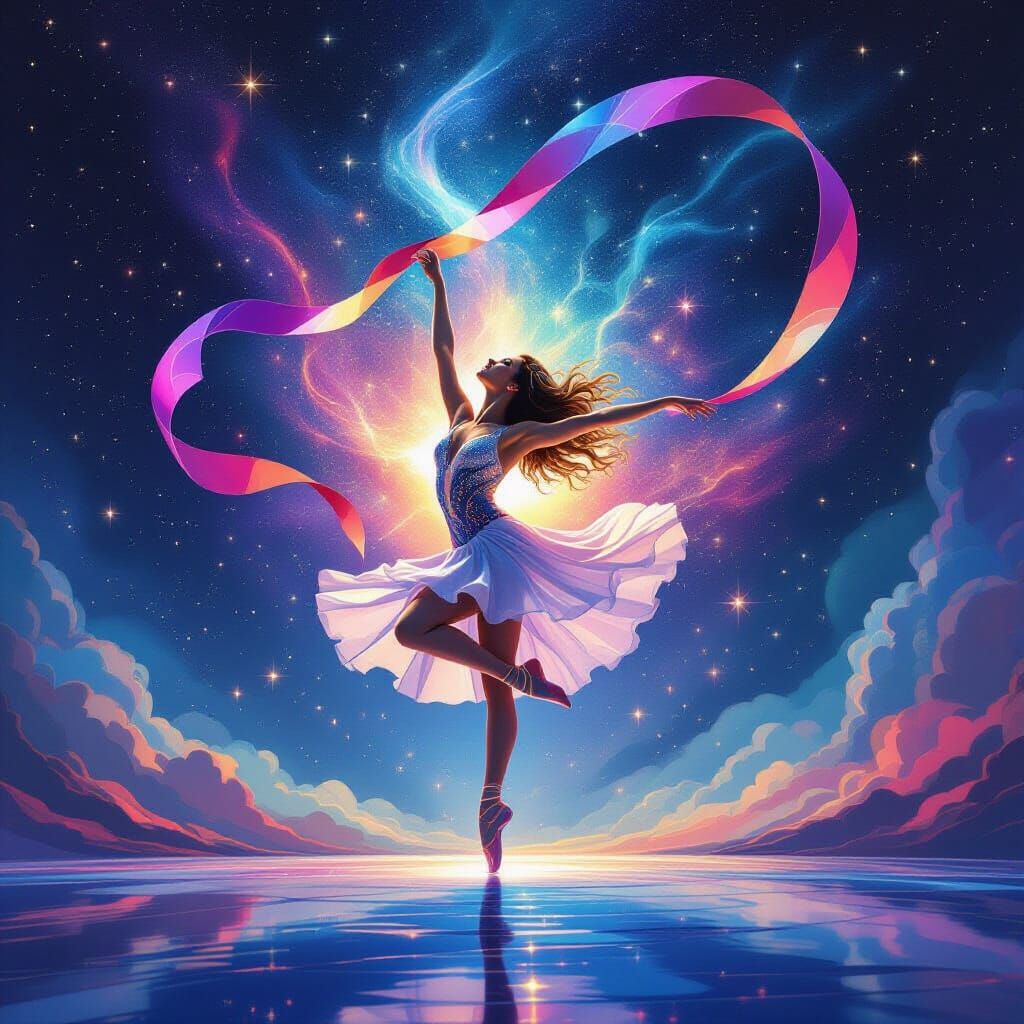 Rhythmic Gymnast's Cosmic Ribbon Dance in Vibrant Airbrush S...