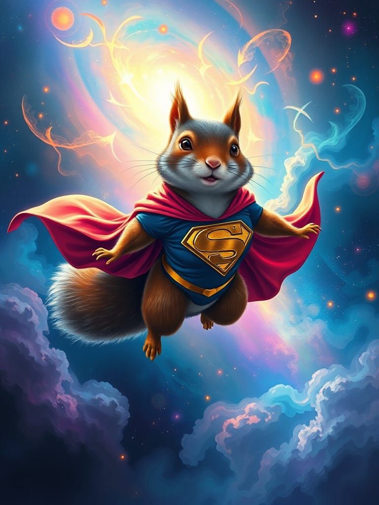 Surreal Astral Squirrel in Cosmic Supergirl Costume Soars th...