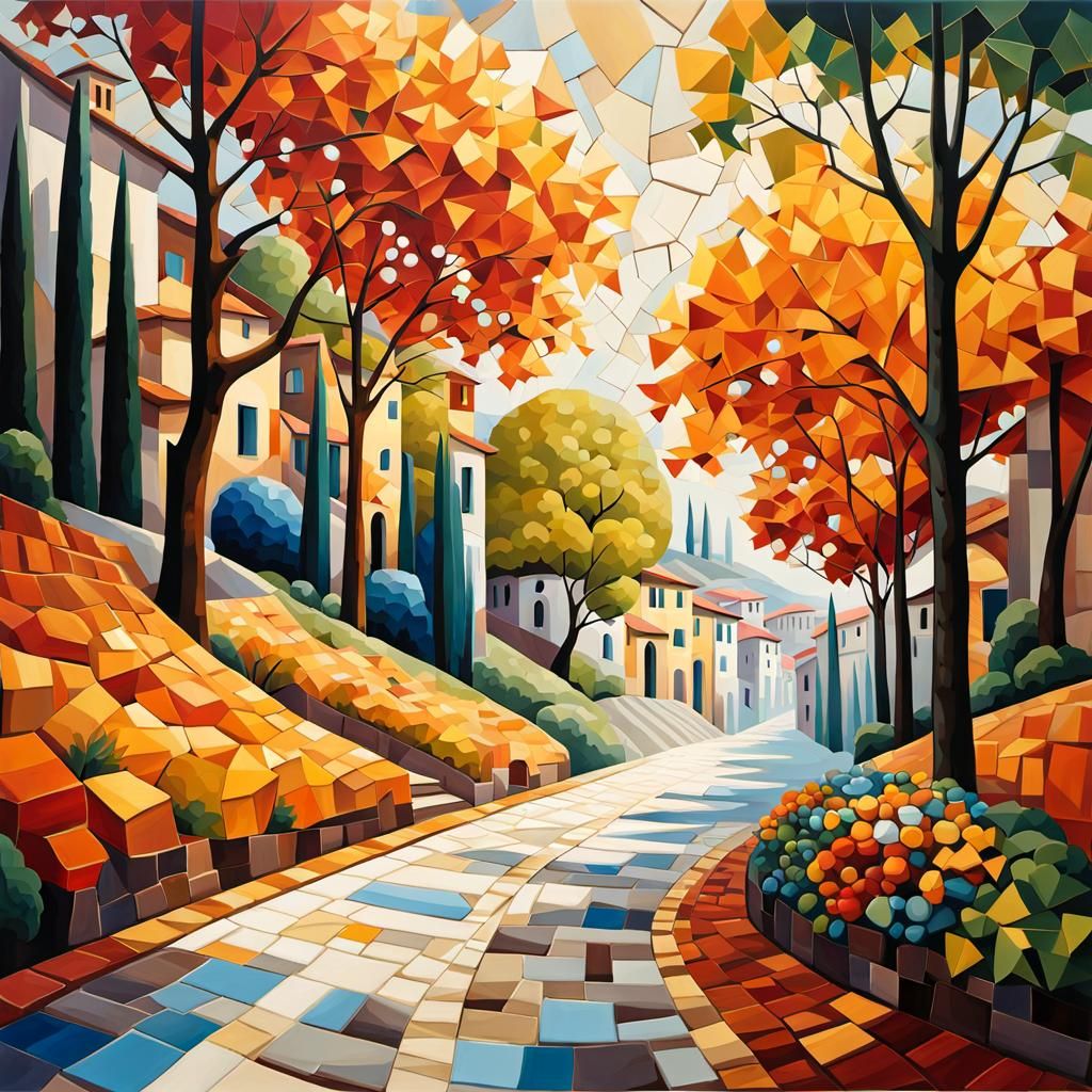 Colorful Italian Town Landscape in Cubist Style