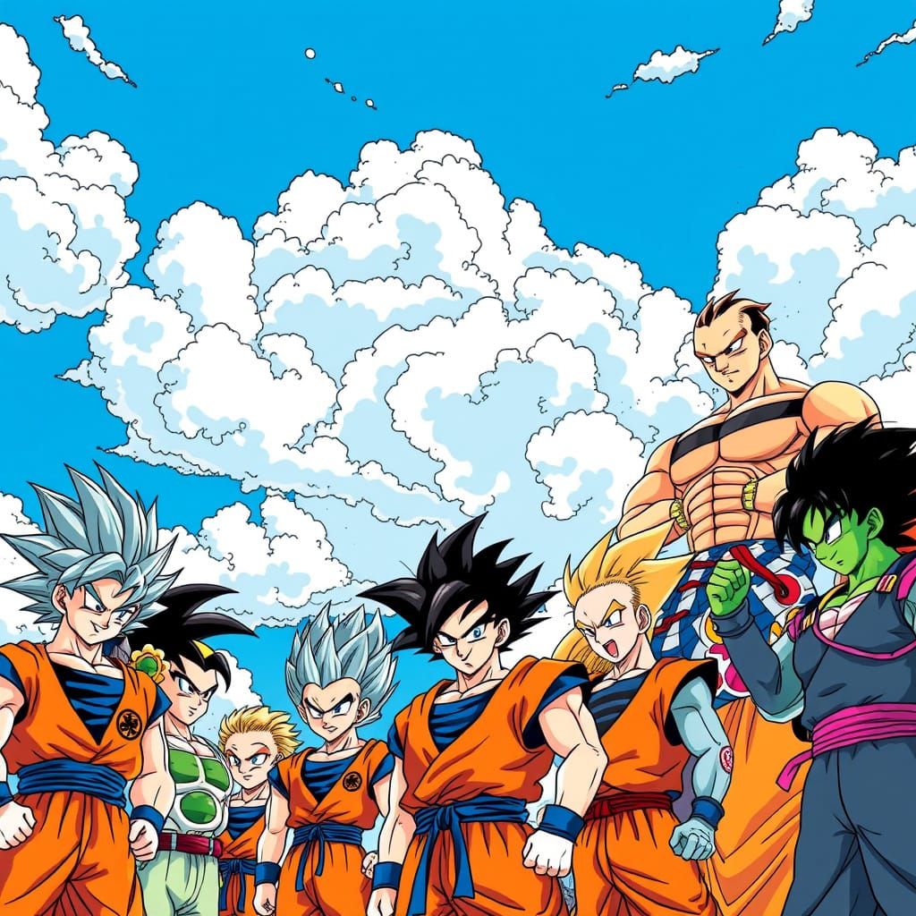 Dragon Ball Z Warriors Unite in Vibrant, Electric Blue Sky