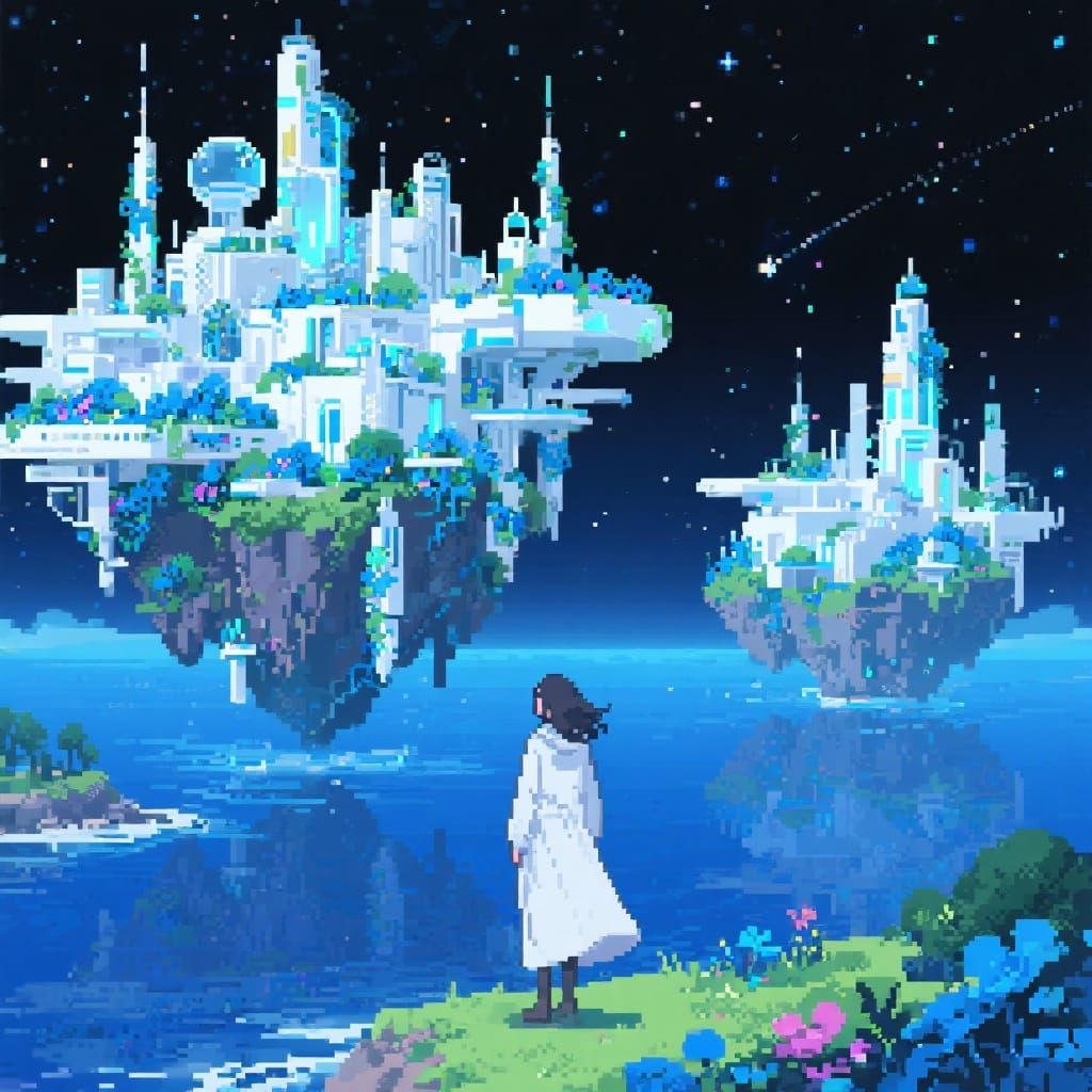 Floating Island City with Woman in White Coat