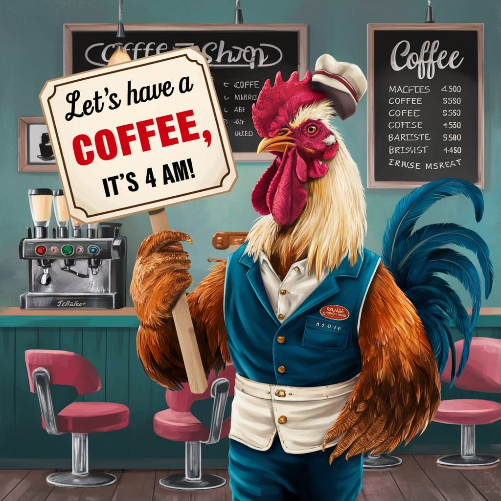 Rooster Barista Invites You for Coffee at 4 AM