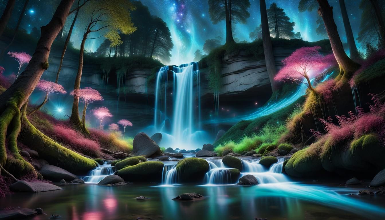 Ethereal Waterfalls Dance Amongst Swirling Galaxies