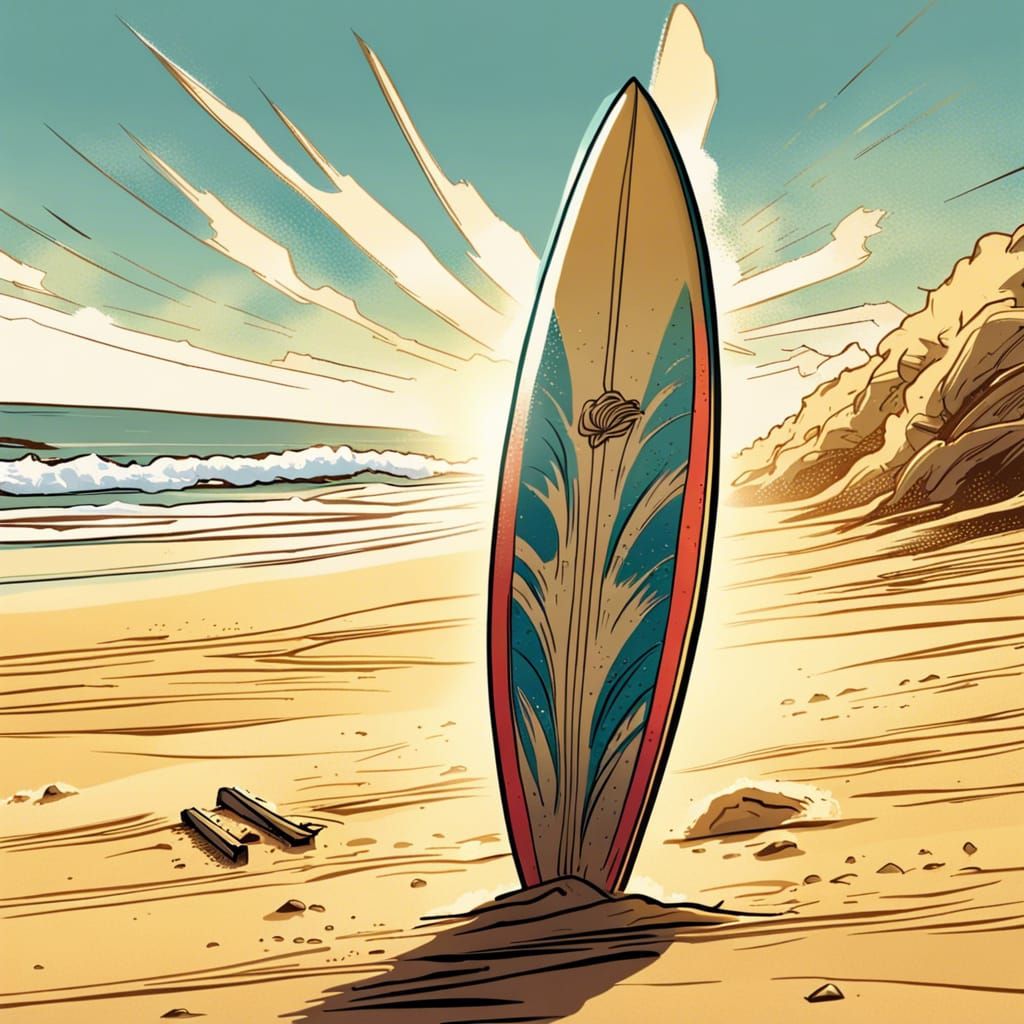 Surfboard on Sunny Beach in Comic Book Art