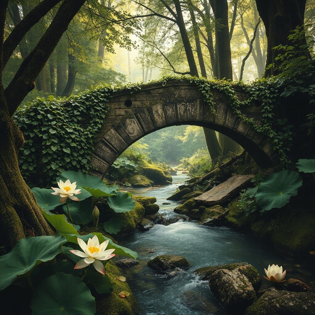 Enchanted Forest Bridge in Pre-Raphaelite Style