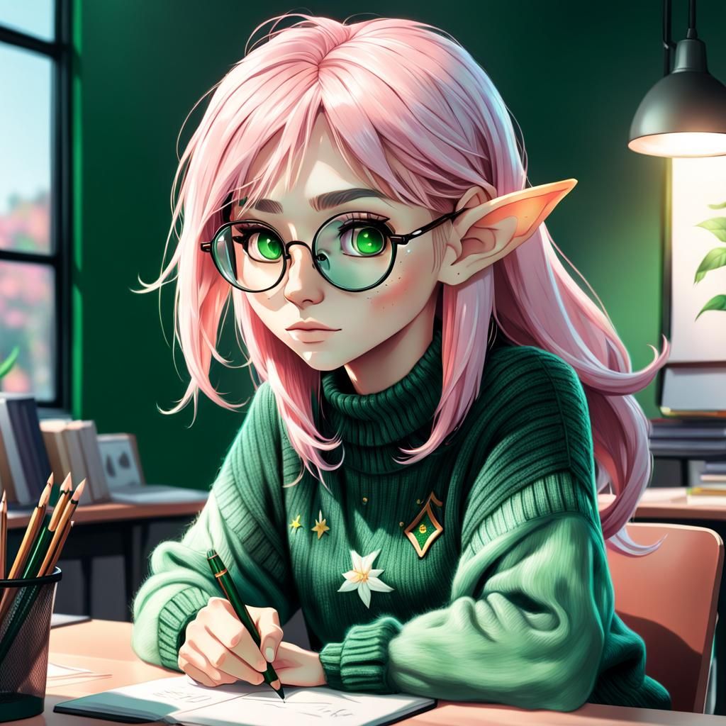 Anime Elf Girl Studying, Hyperrealistic Digital Art