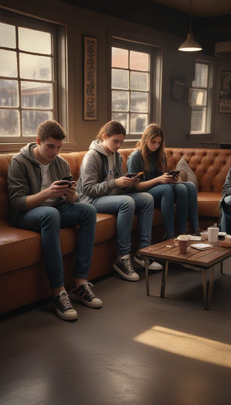 Teenagers Silently Playing on Phones in Cafe Lounge
