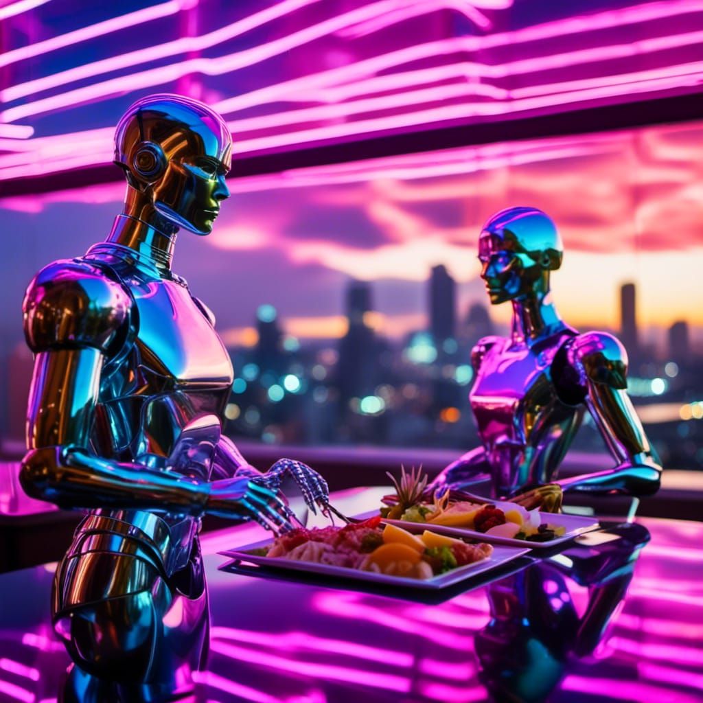 Synthwave Food Buffet at Sunset with Robots