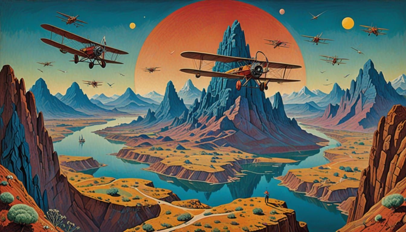 Biplanes in Geometric Pattern Above Otherworldly Landscape i...