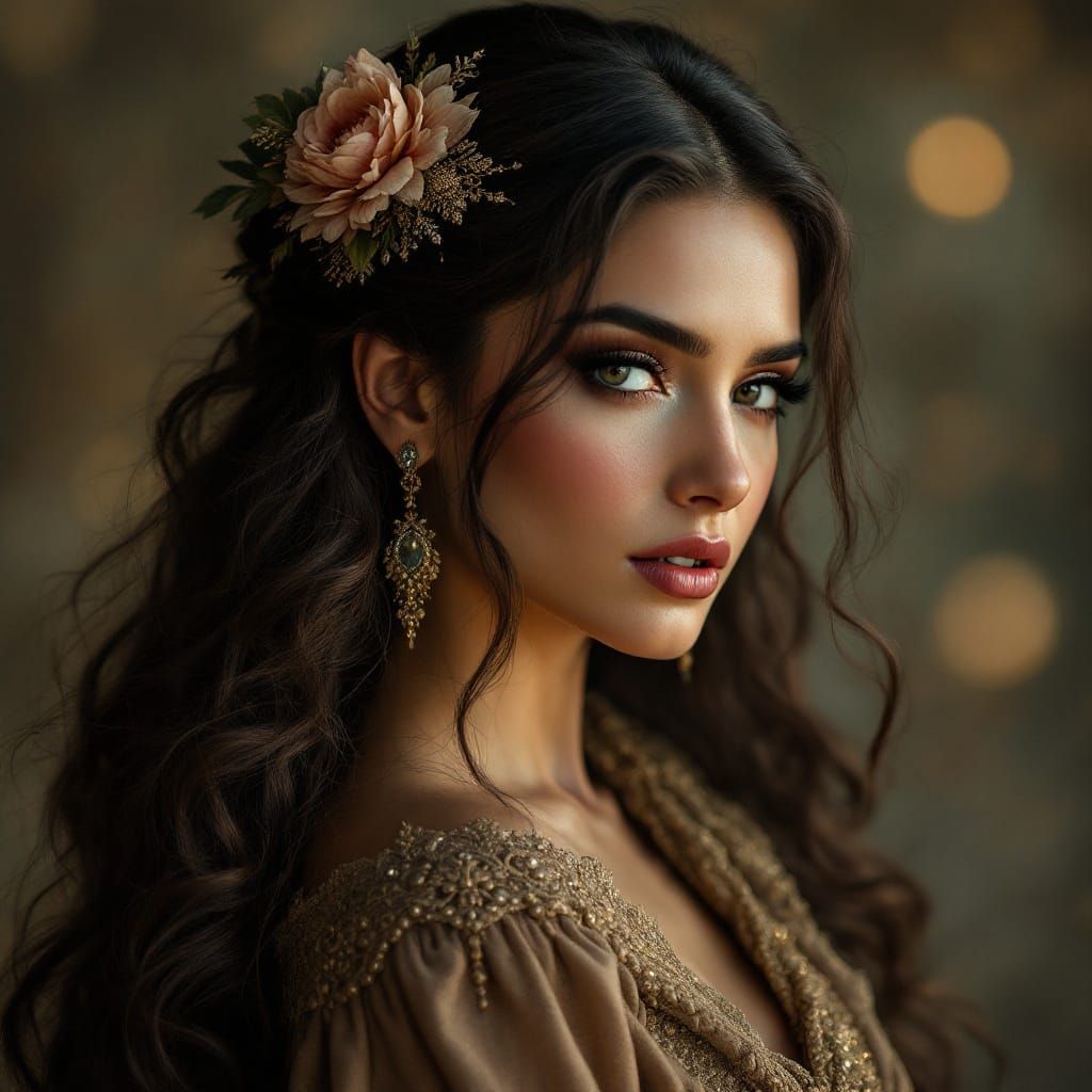 Regal Woman with Floral Hairpin, Carne Griffiths Style