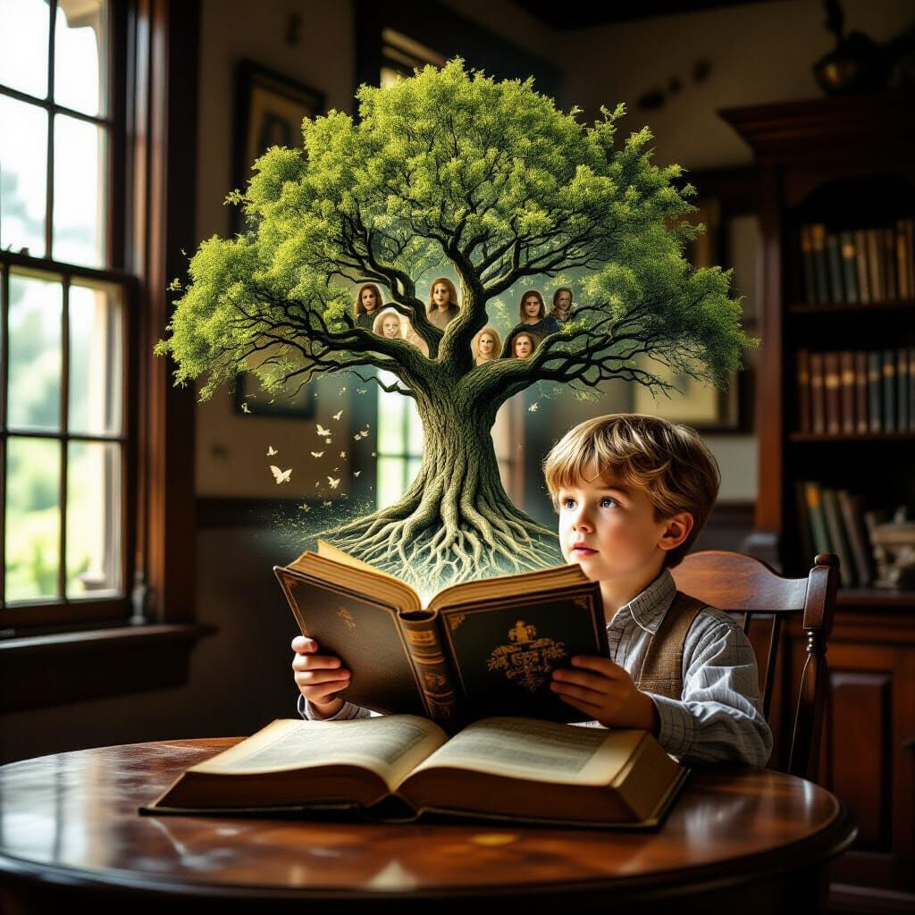 Boy Opens Genealogy Book and Tree Bursts Out
