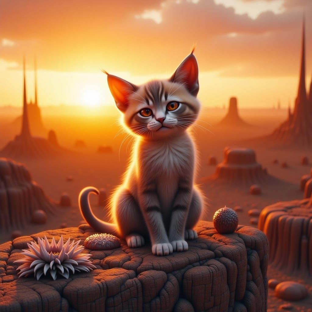 Grumpy Kitten at Sunset in Desert Landscape
