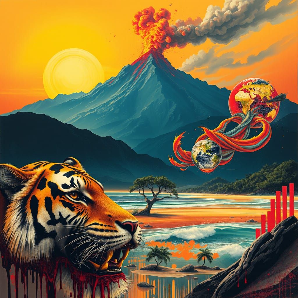 Surreal Tiger Emerges from Sunset, with Volcano Erupting and...
