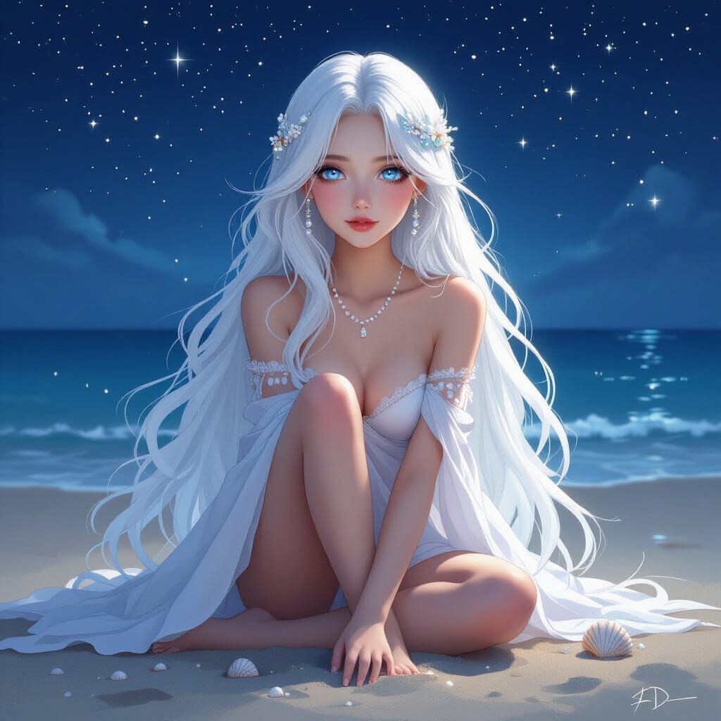 Woman by Starry Seashore at Night