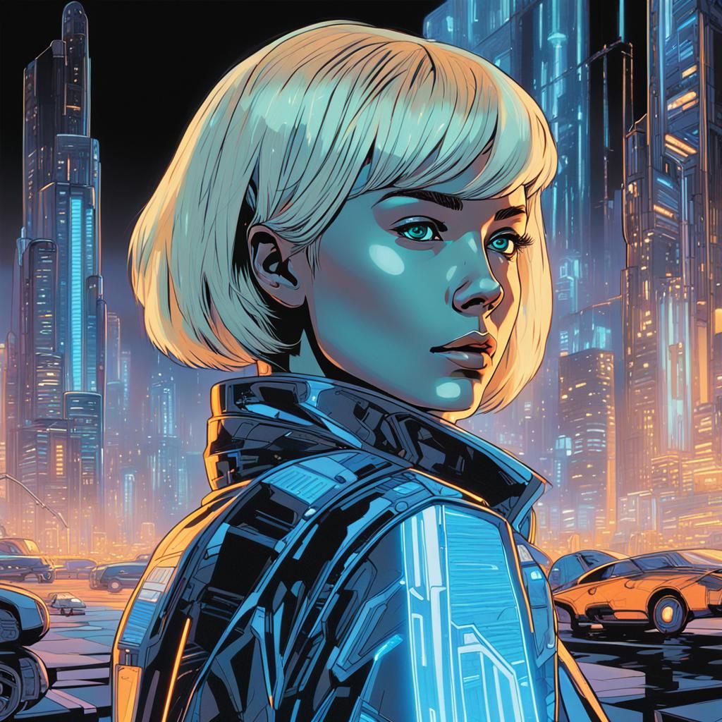 Retrofuturistic Woman in Neon City, Comic Book Art