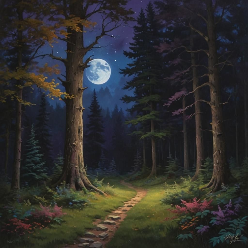 Whimsical Night Forest Under a Full Moon