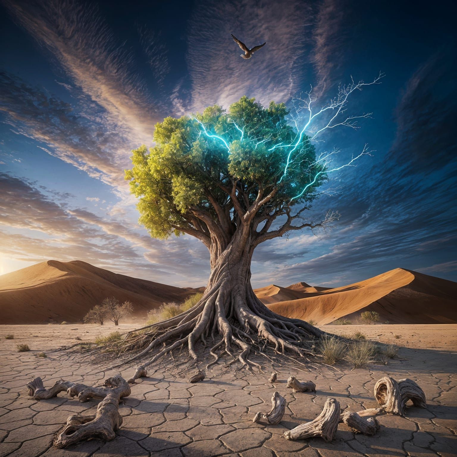 Surreal Ancient Tree with Flowers in Fantasy Landscape