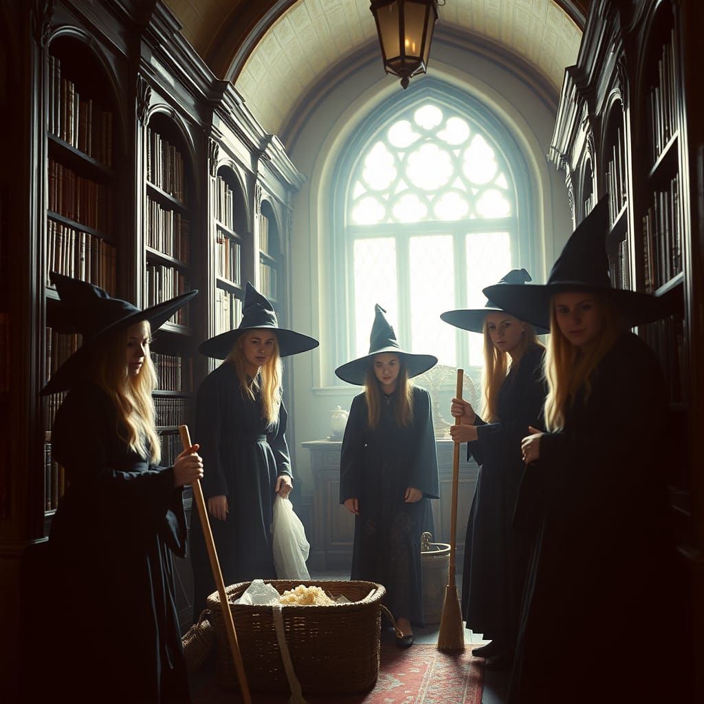 Young Witches in a Cinematic Library Setting