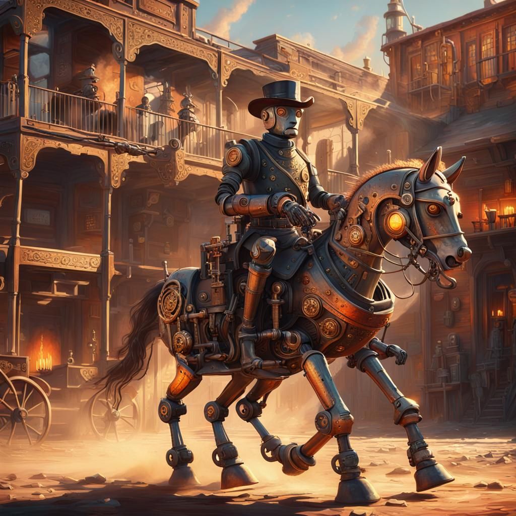 Steampunk Robot Sheriff Rides Mechanical Horse