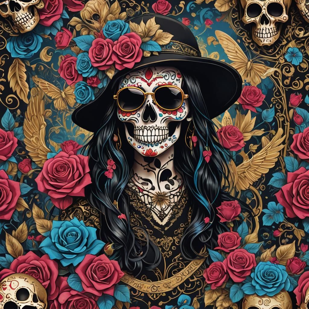 Vibrant Sugar Skull with Roses and Dark Accents