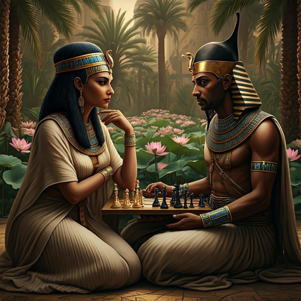 Egyptian Priestess and Pharaoh Play Chess