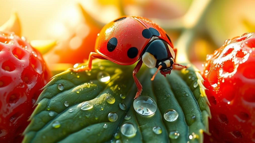Vibrant Ladybug Amidst Dewy Strawberry Bloom in Impressionis...