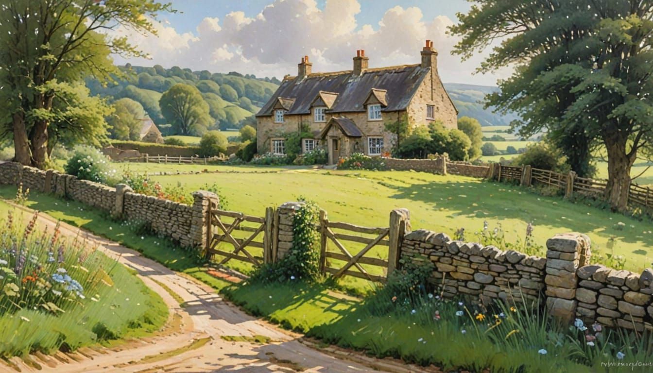 Serene Countryside Scene in Traditional Oil Painting Style