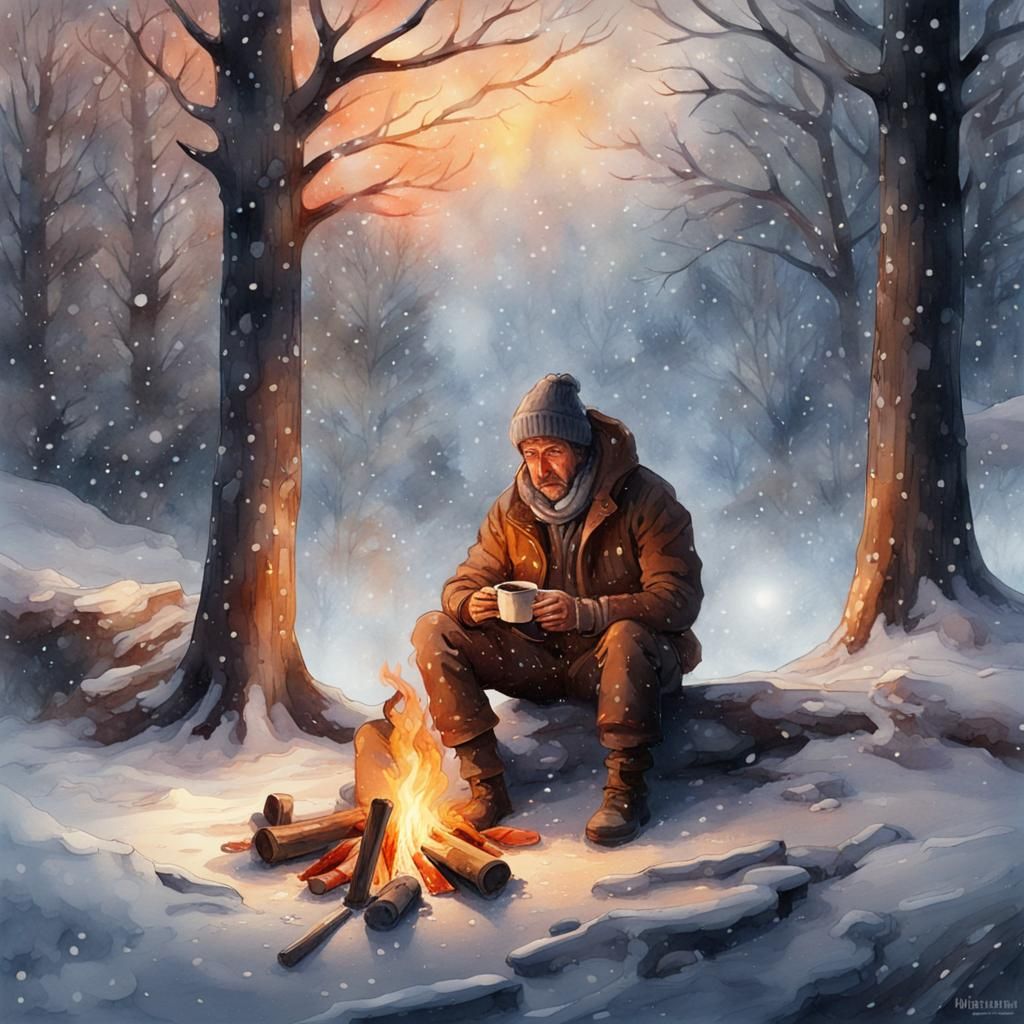 Watercolor Man Camping in Snowy Winter Forest