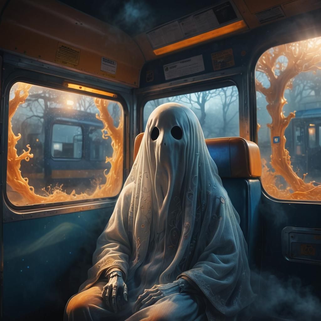 Cute Ghost on School Bus: Fantasy Concept Art