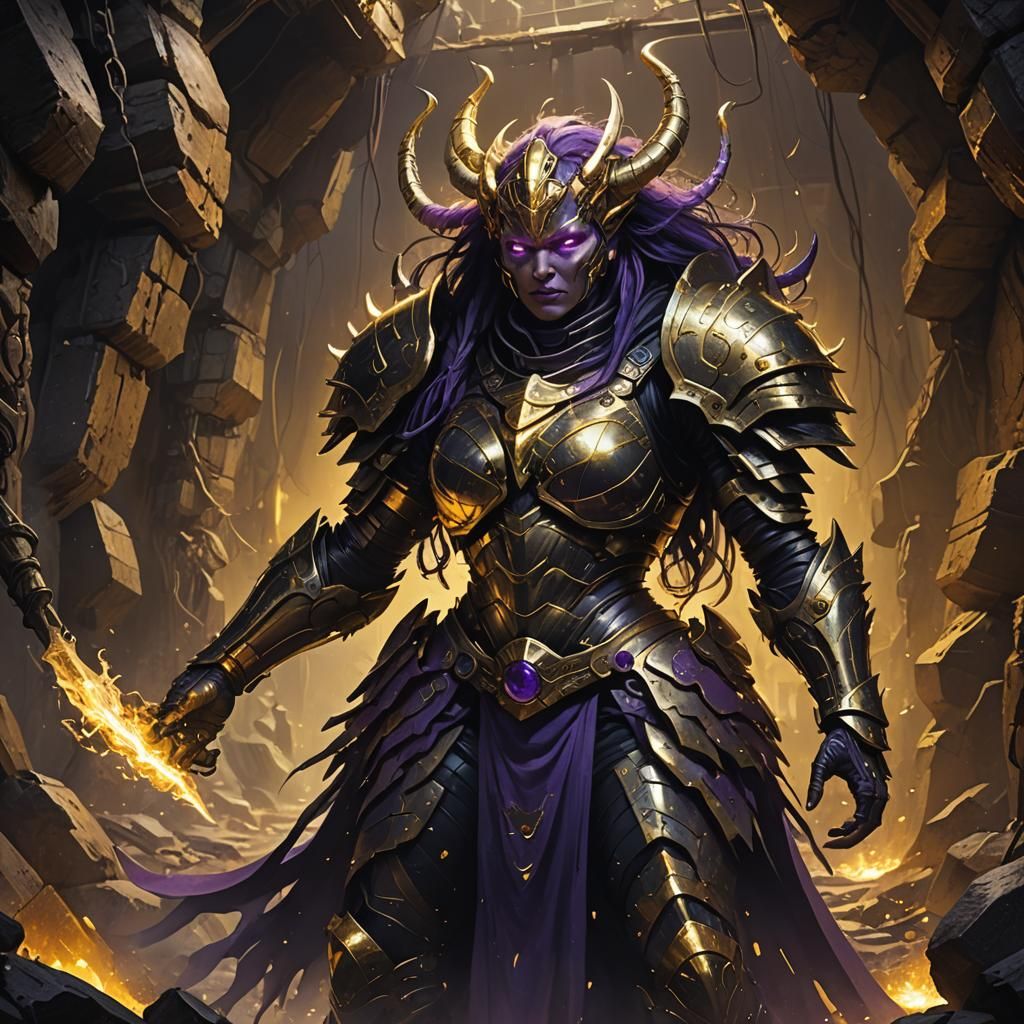 Armored Matriarch in Gold Mine: Dark Fantasy Art