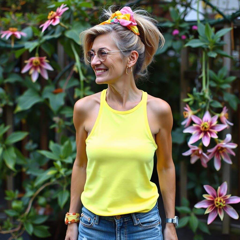 Neon Granny with Passionflowers in 80s Style