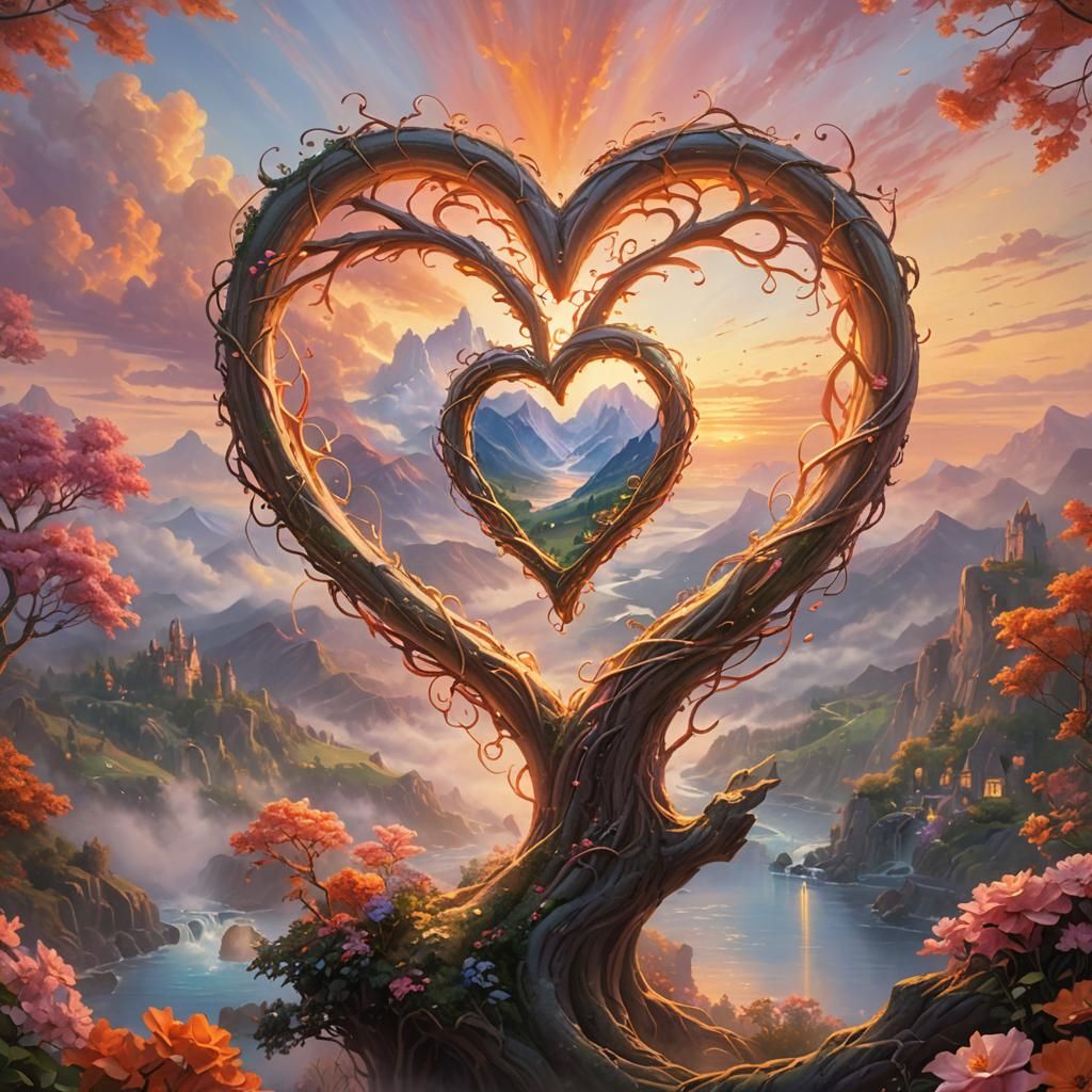 Intertwined Hearts at Sunrise in Ethereal Fantasy