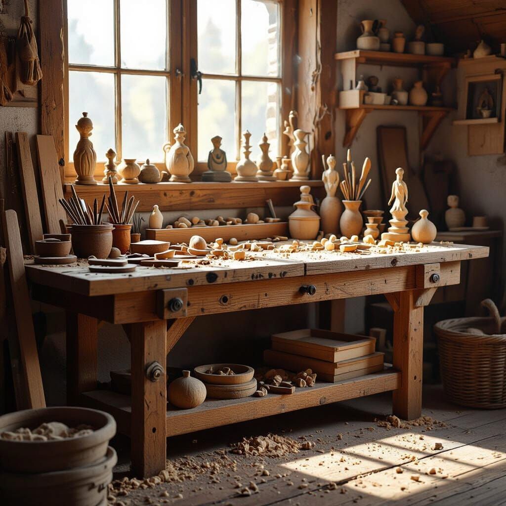 Artisan's Workbench with Wood Carvings in Photorealistic Sty...