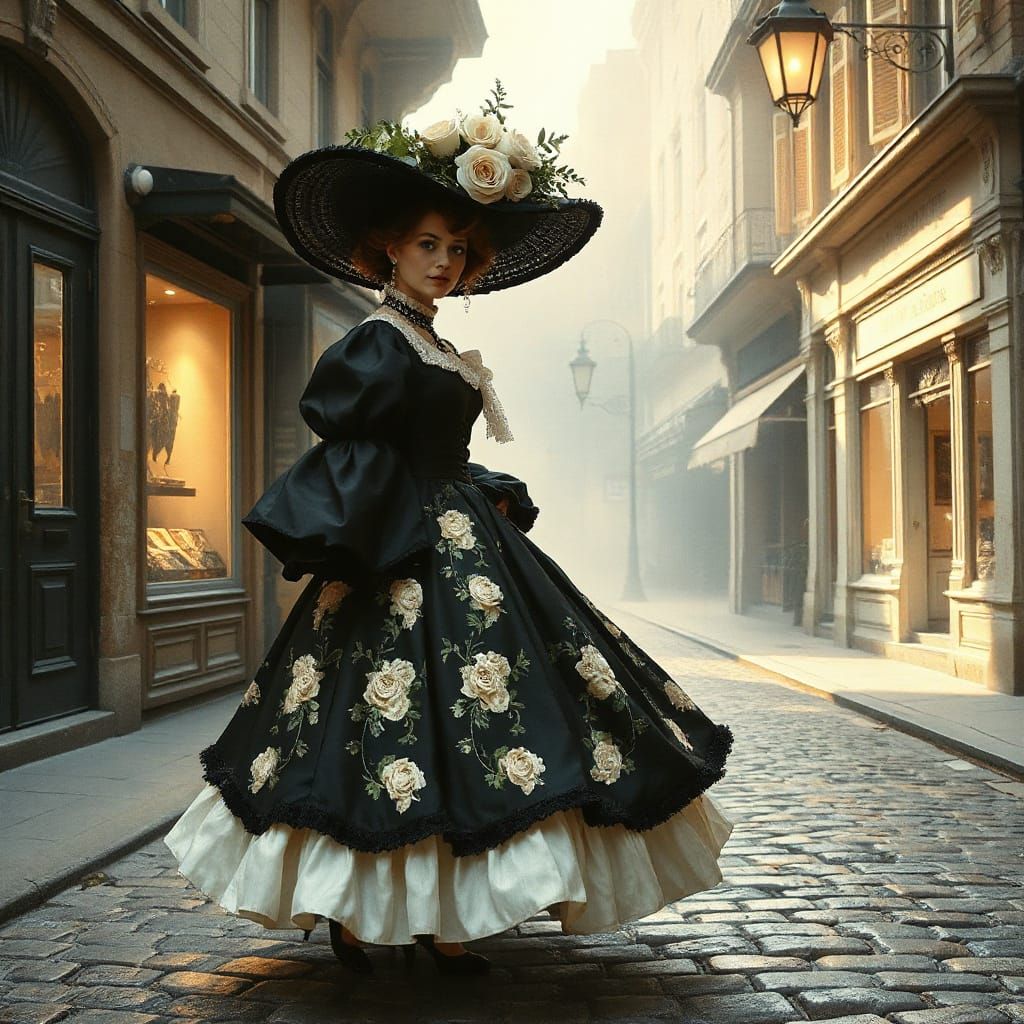 Elegant 19th Century Street Scene with Woman in Ball Gown