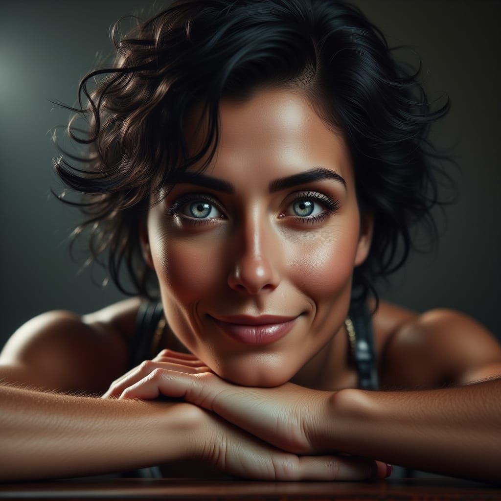 Photorealistic Portrait of a Muscular Woman in Thoughtful Po...