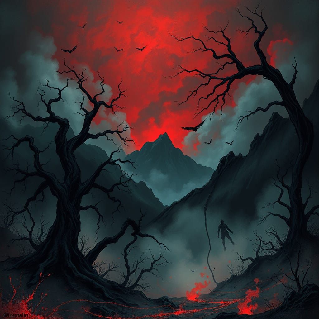 Ethereal Descent into Madness in a Blood-Red Dreamscape